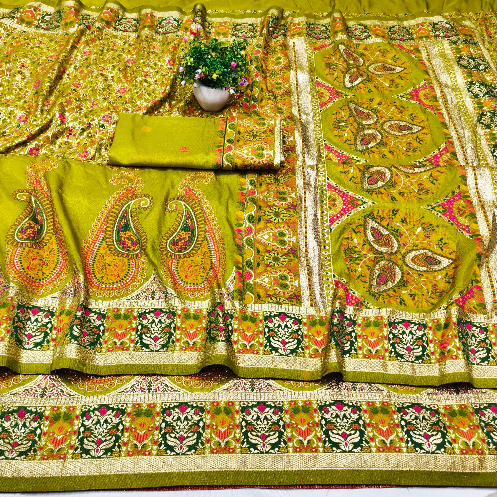 Super extravagant Mehandi Nylon Dola Pashmina Saree With Exquisite Blouse Piece