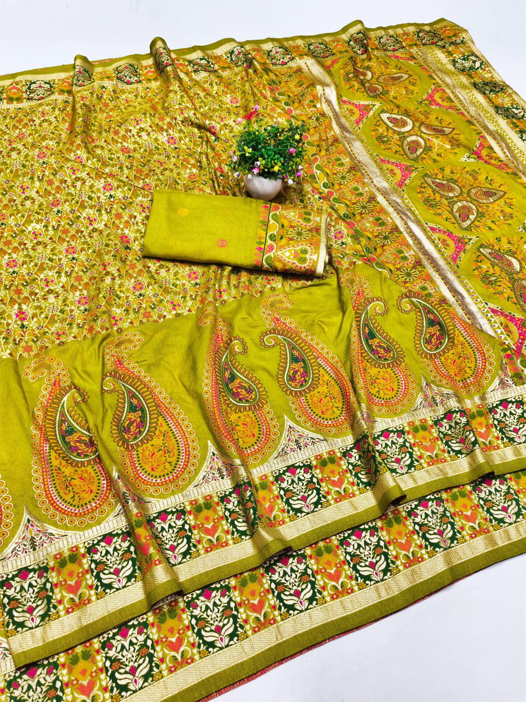 Super extravagant Mehandi Nylon Dola Pashmina Saree With Exquisite Blouse Piece