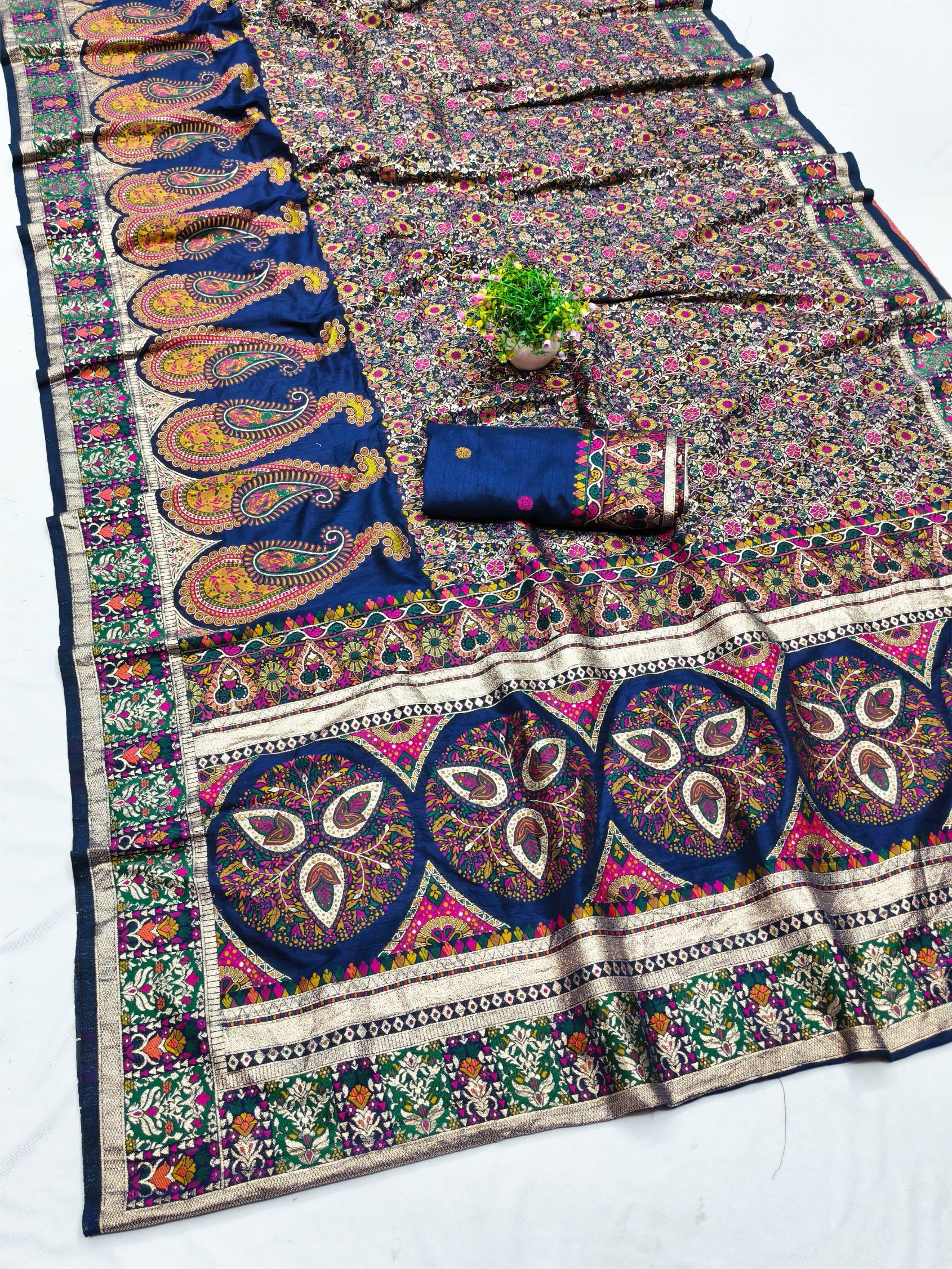 Hypnotic Navy Blue Nylon Dola Pashmina Saree With Beguiling Blouse Piece