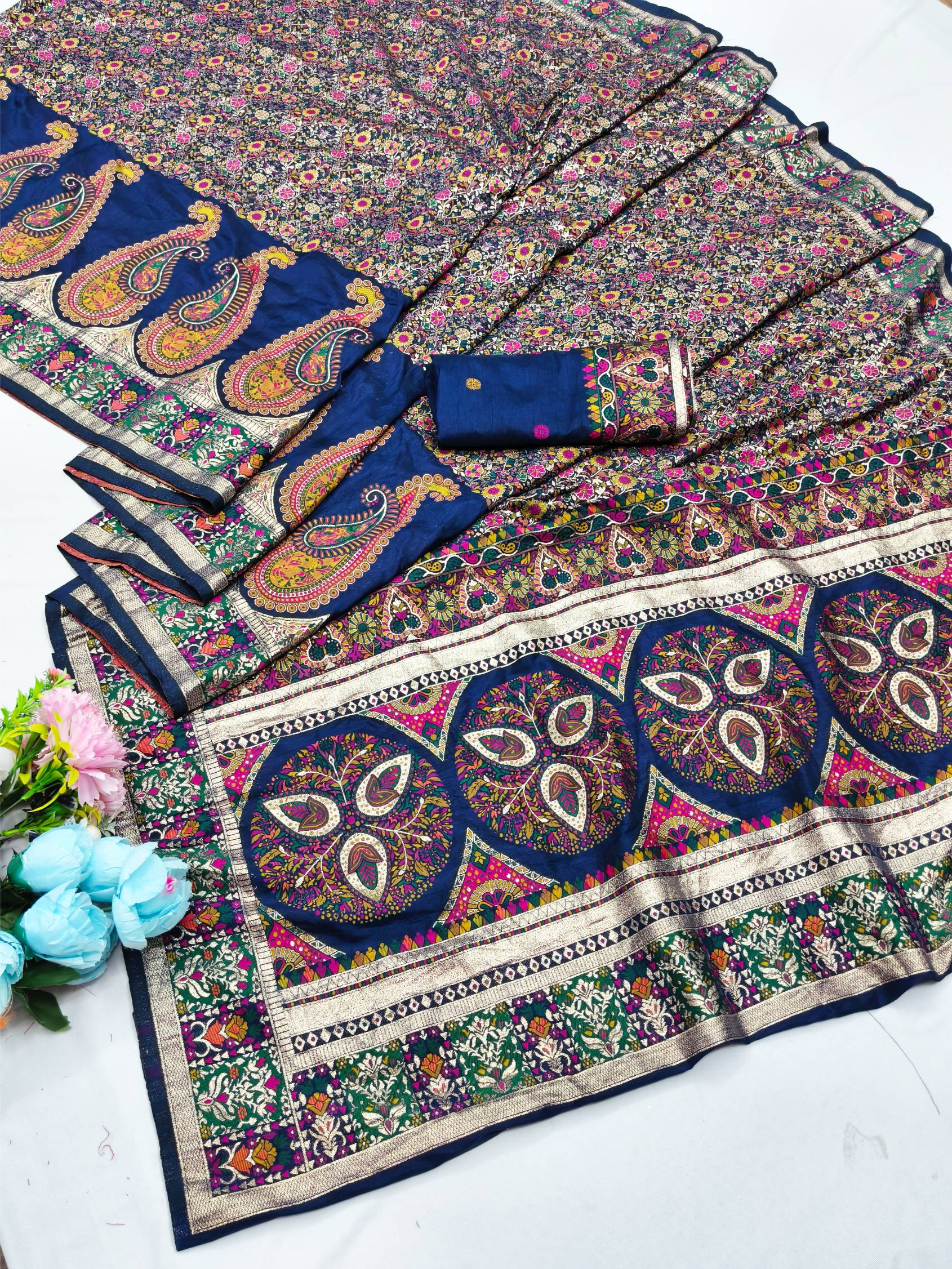 Hypnotic Navy Blue Nylon Dola Pashmina Saree With Beguiling Blouse Piece