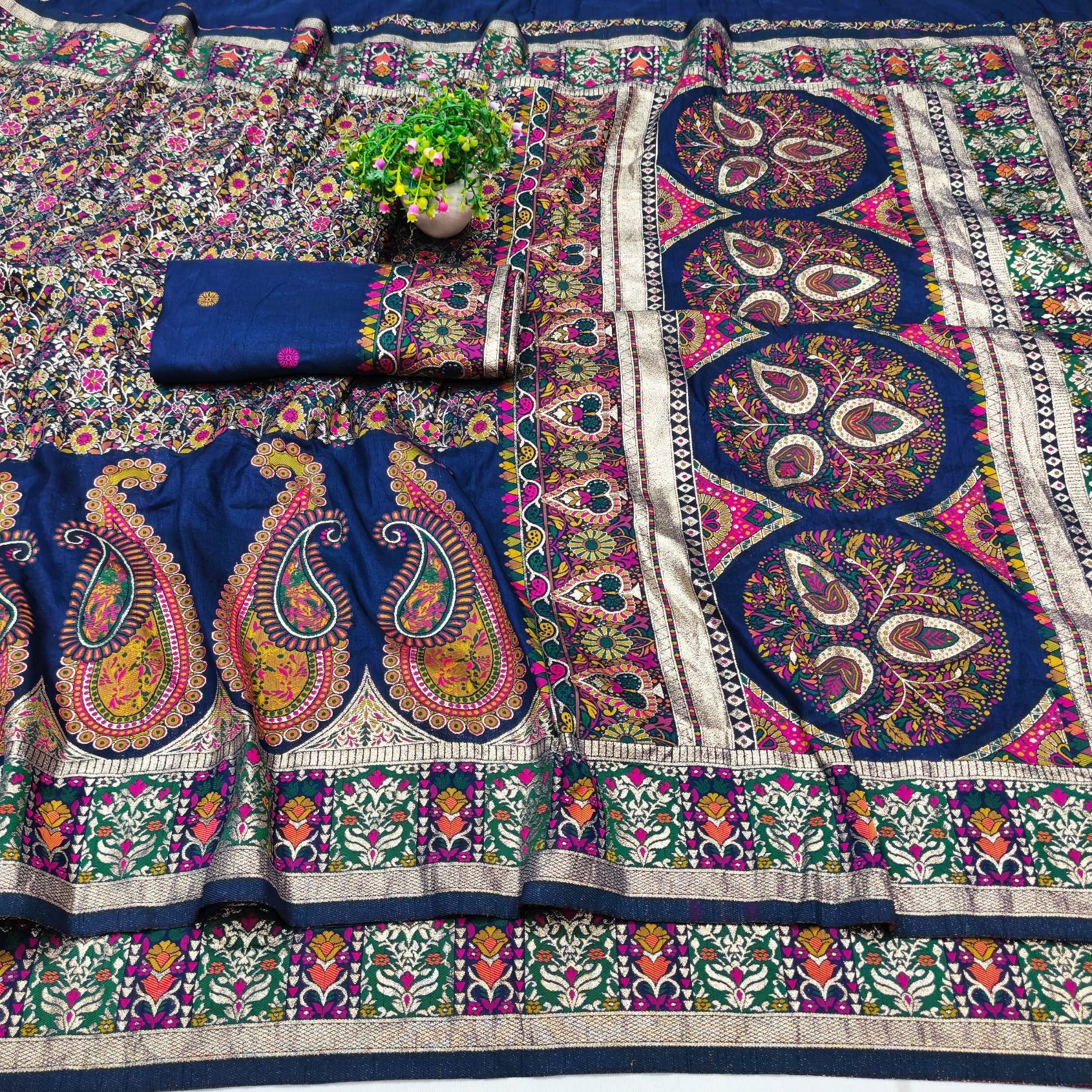 Hypnotic Navy Blue Nylon Dola Pashmina Saree With Beguiling Blouse Piece