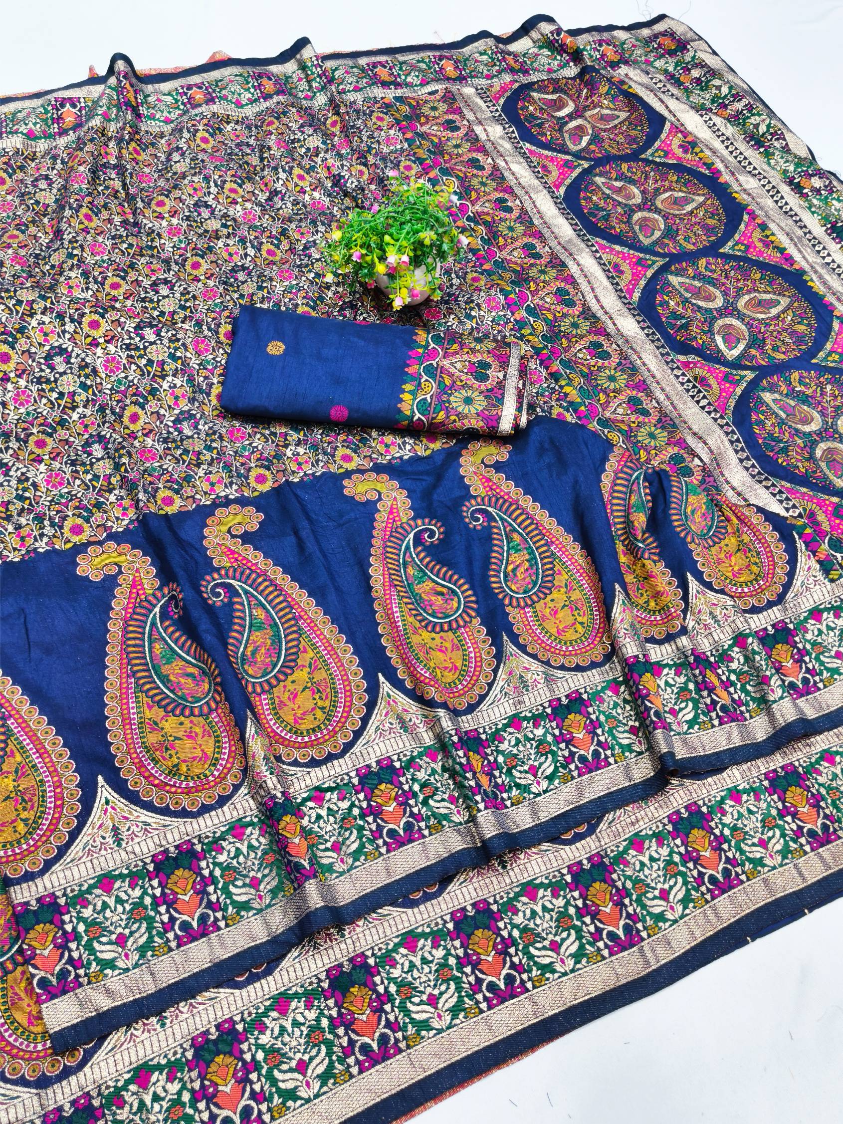 Hypnotic Navy Blue Nylon Dola Pashmina Saree With Beguiling Blouse Piece