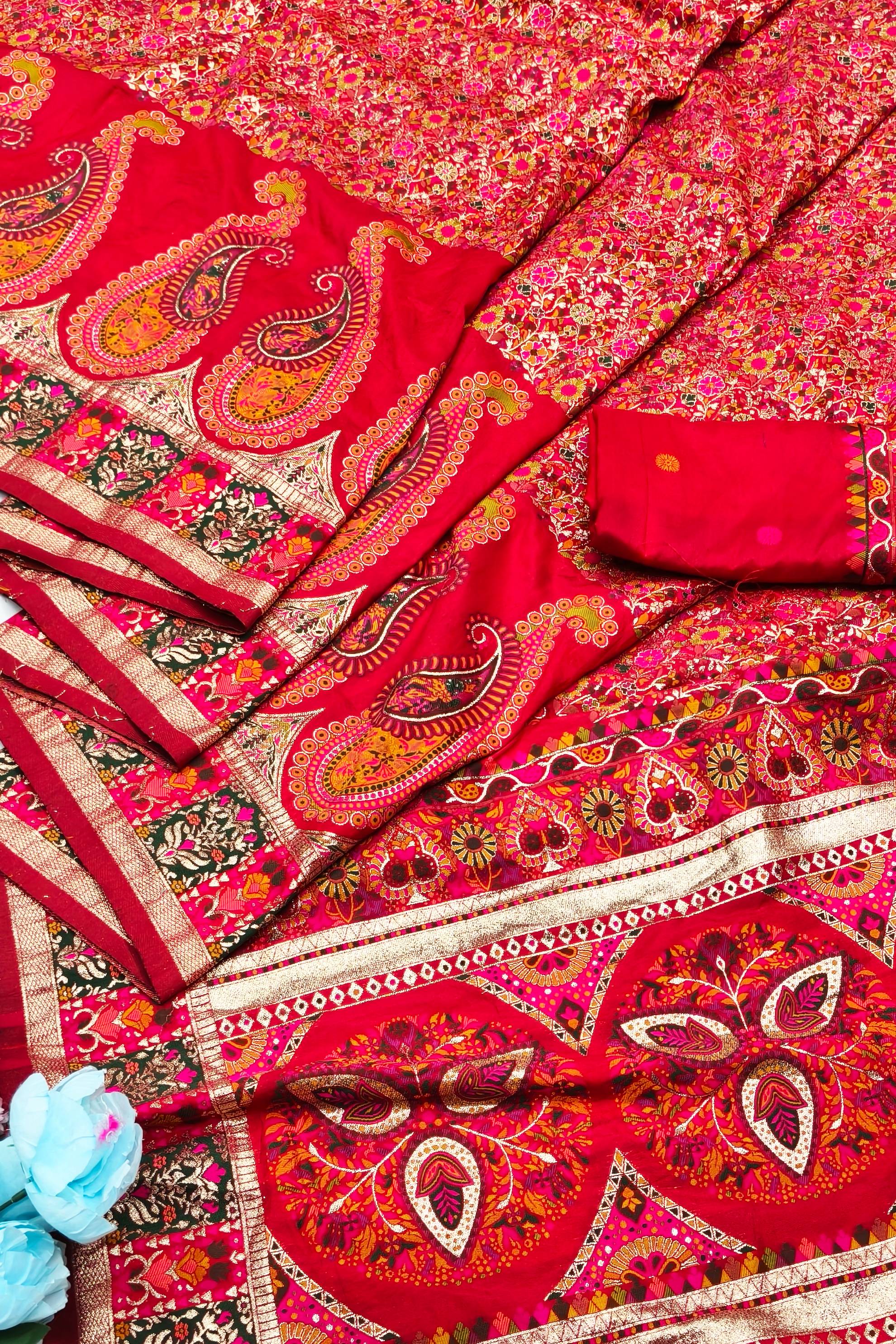 Bewitching Red Nylon Dola Pashmina Saree With Nemesis Blouse Piece