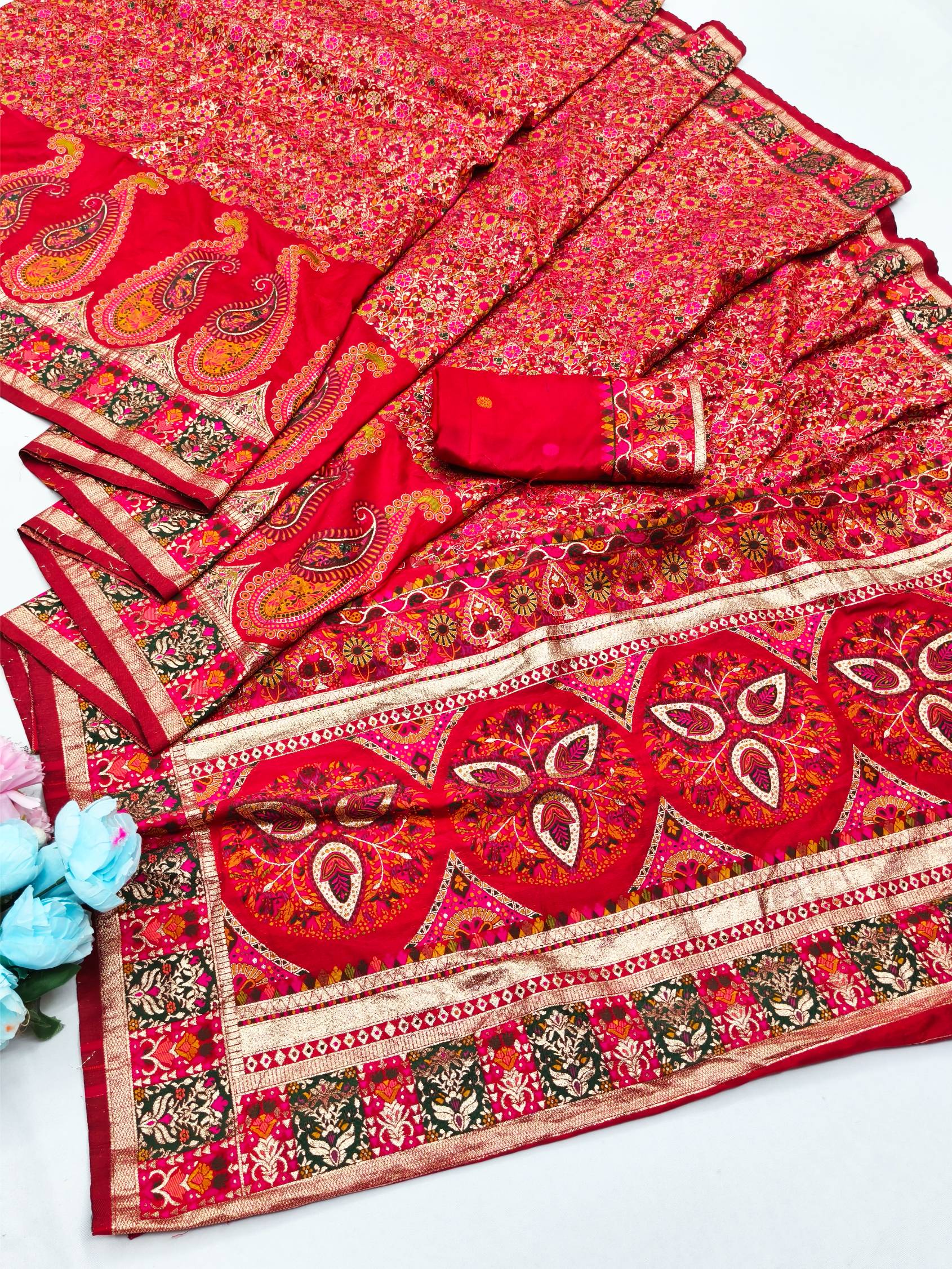 Bewitching Red Nylon Dola Pashmina Saree With Nemesis Blouse Piece