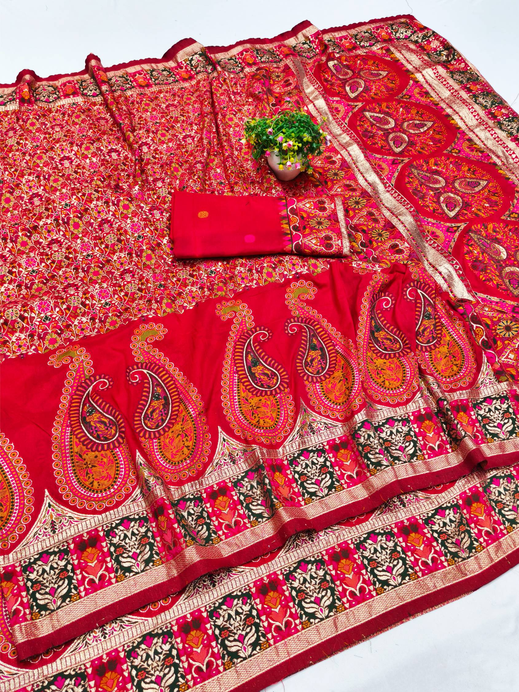 Bewitching Red Nylon Dola Pashmina Saree With Nemesis Blouse Piece