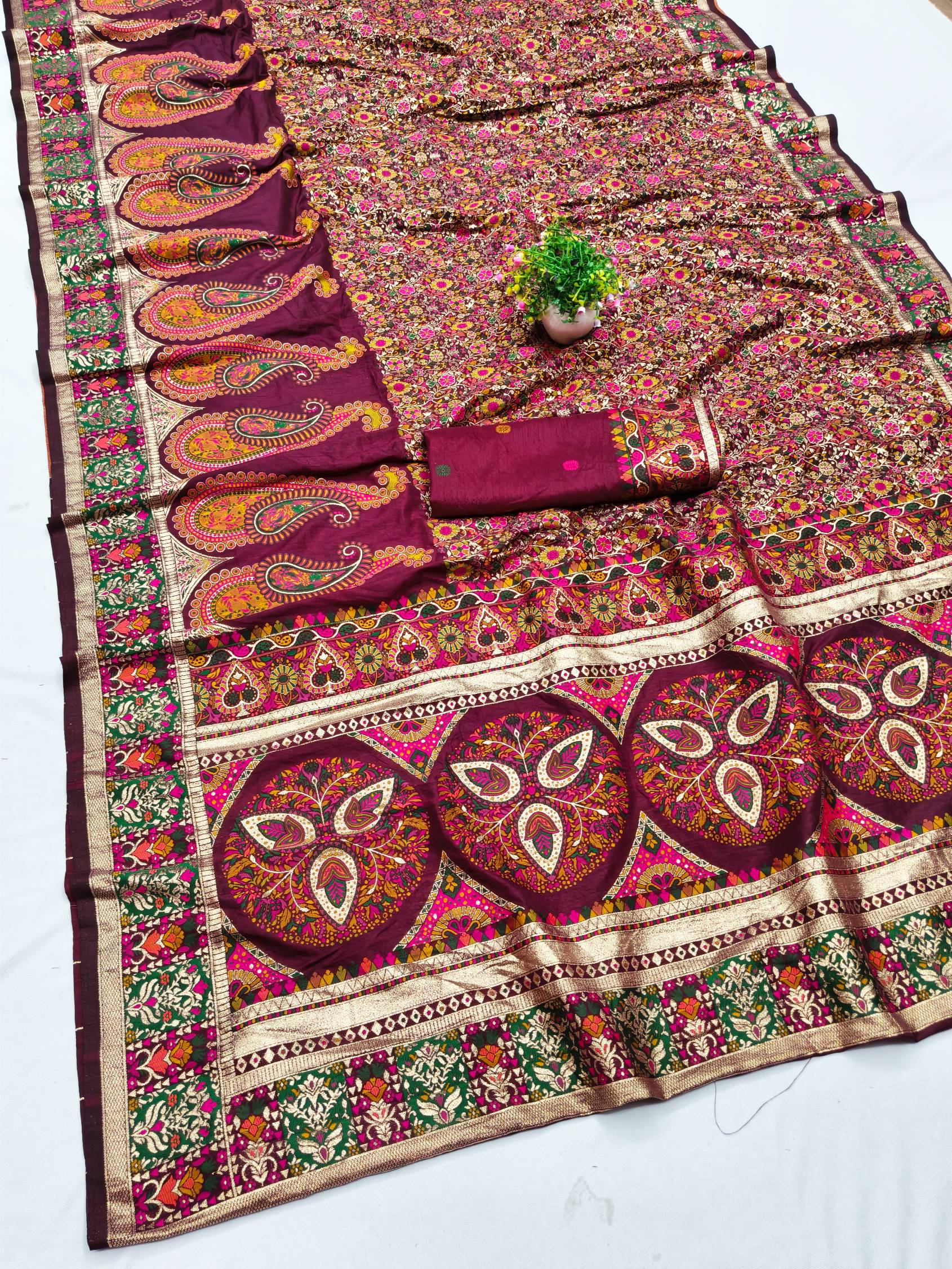 Opulent Wine Nylon Dola Pashmina Saree With Verdant Blouse Piece