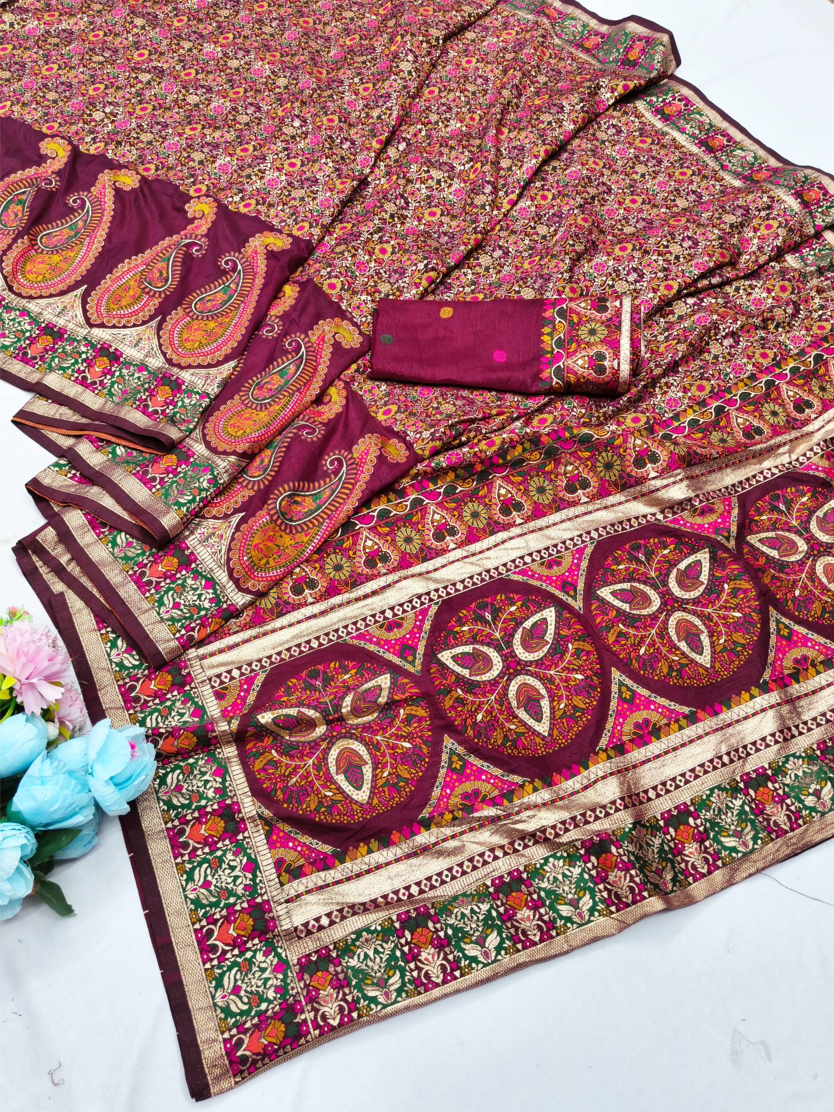 Opulent Wine Nylon Dola Pashmina Saree With Verdant Blouse Piece