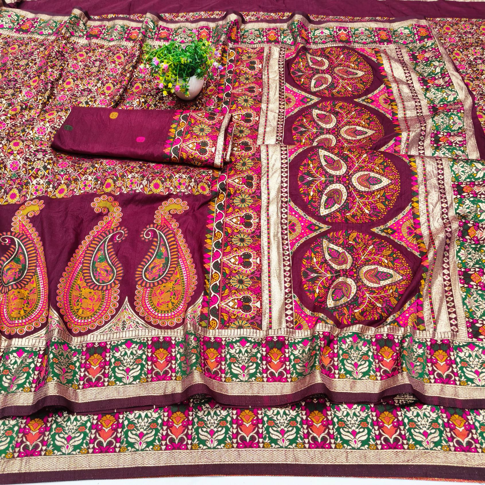 Opulent Wine Nylon Dola Pashmina Saree With Verdant Blouse Piece