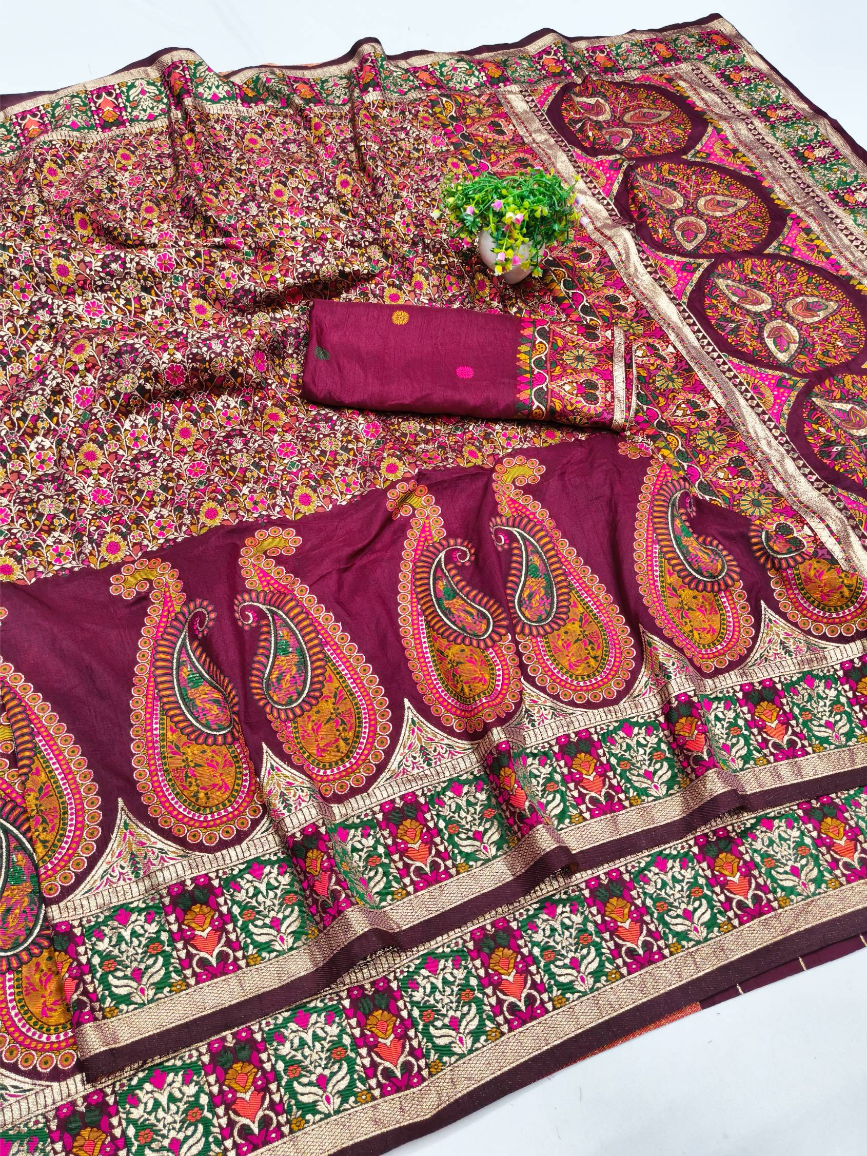 Opulent Wine Nylon Dola Pashmina Saree With Verdant Blouse Piece