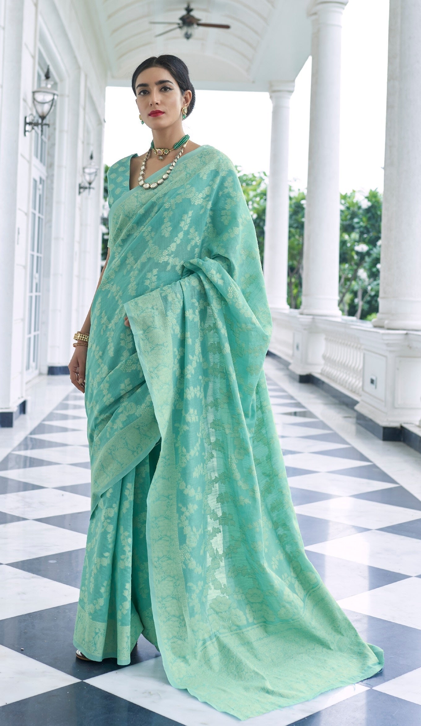 Glamorous Turquoise Lucknowi Silk Saree and Inspiring Blouse Piece