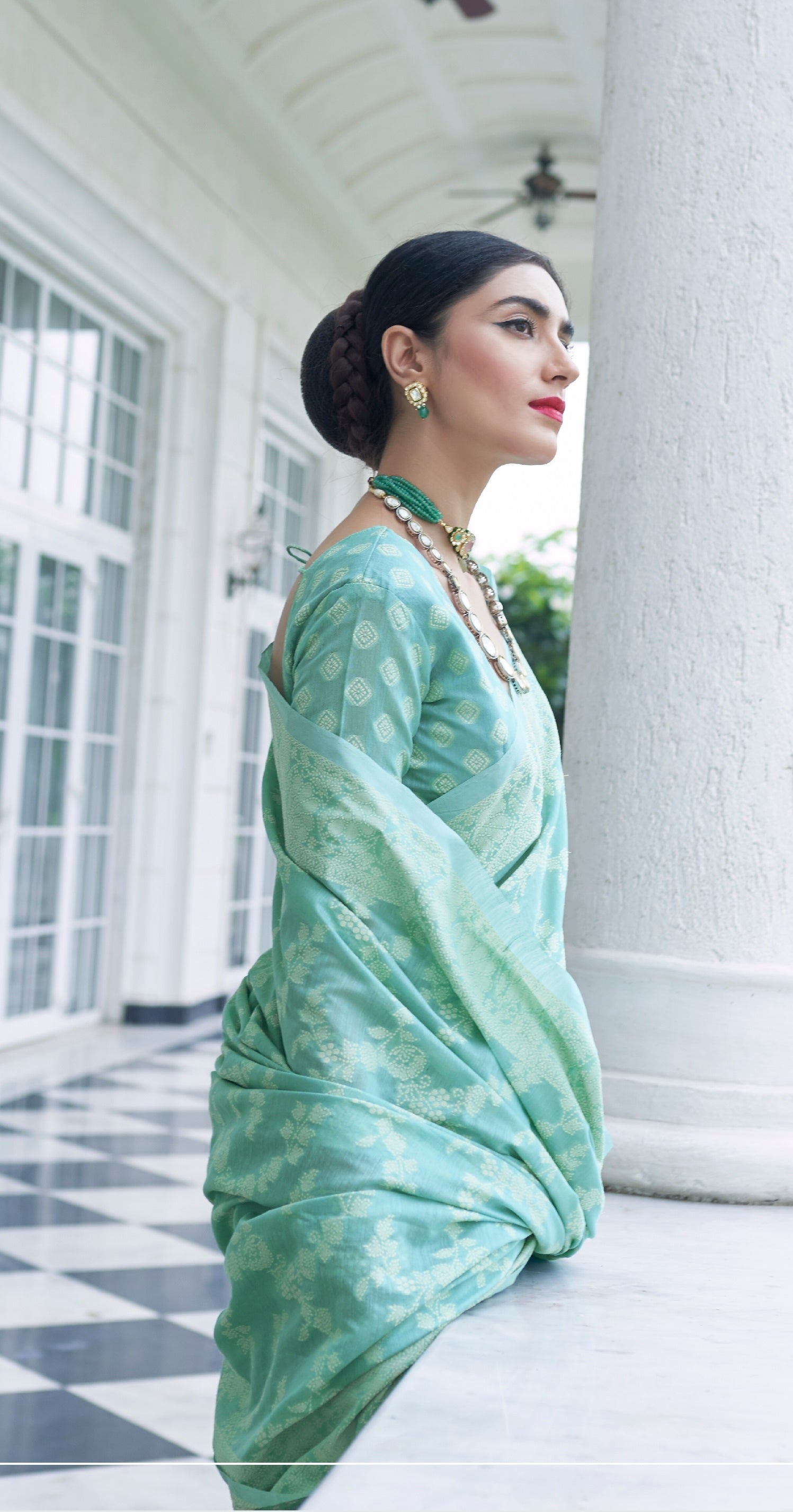 Glamorous Turquoise Lucknowi Silk Saree and Inspiring Blouse Piece