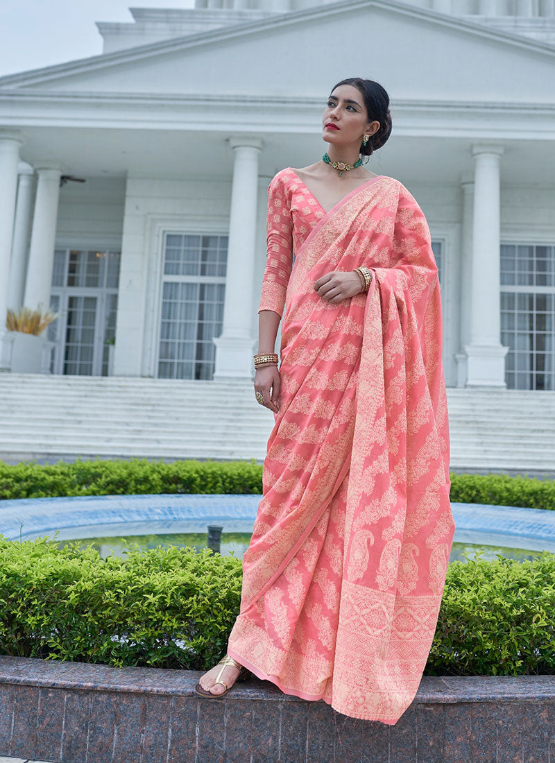 Rhapsody Peach Lucknowi Silk Saree With Flameboyant Blouse Piece