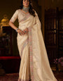Bewitching Beige Handwork Kanjivaram Silk Saree With Prominent Blouse Piece