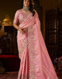 Beauteous Pink Handwork Kanjivaram Silk Saree With Smashing Blouse Piece