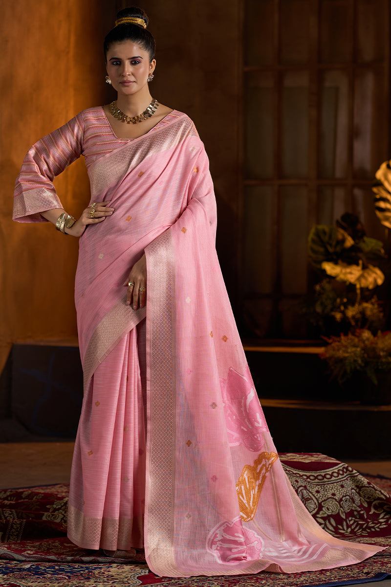 Eloquence Baby Pink Cotton Silk Saree With Precious Blouse Piece
