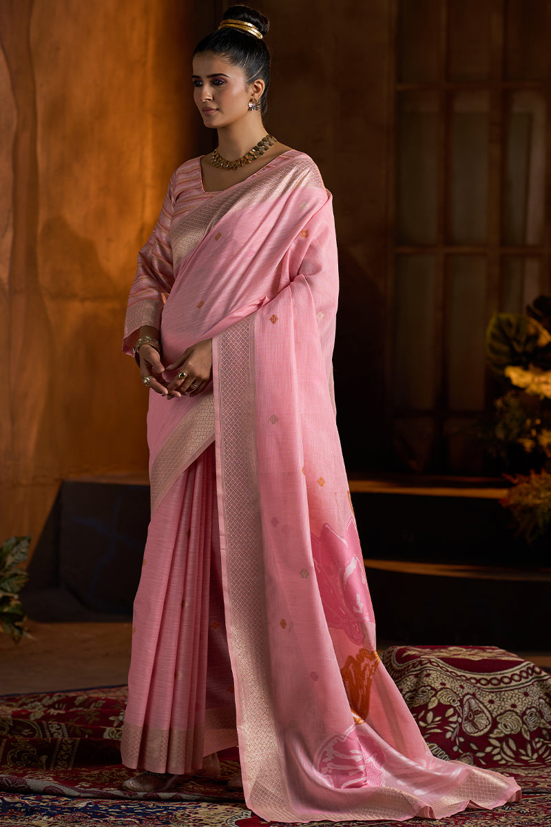 Eloquence Baby Pink Cotton Silk Saree With Precious Blouse Piece