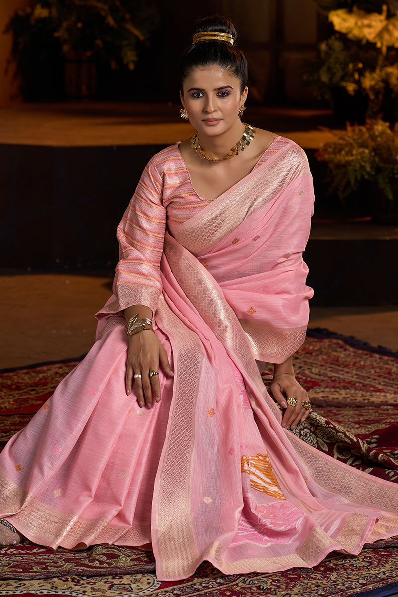 Eloquence Baby Pink Cotton Silk Saree With Precious Blouse Piece