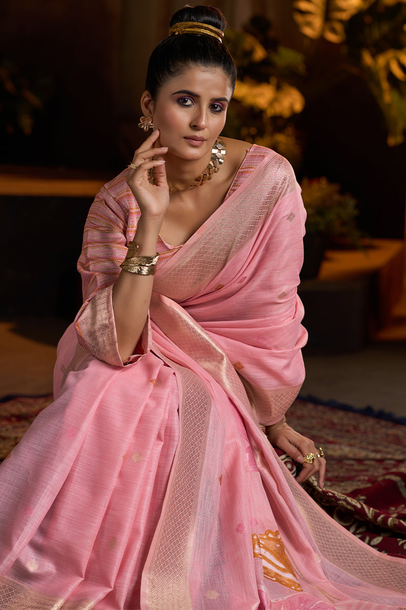 Eloquence Baby Pink Cotton Silk Saree With Precious Blouse Piece