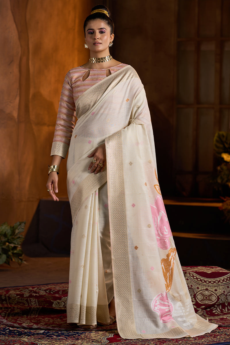 Gossamer Beige Cotton Silk Saree With Imbrication Blouse Piece