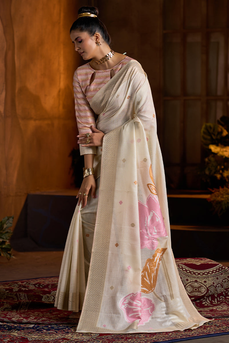 Gossamer Beige Cotton Silk Saree With Imbrication Blouse Piece