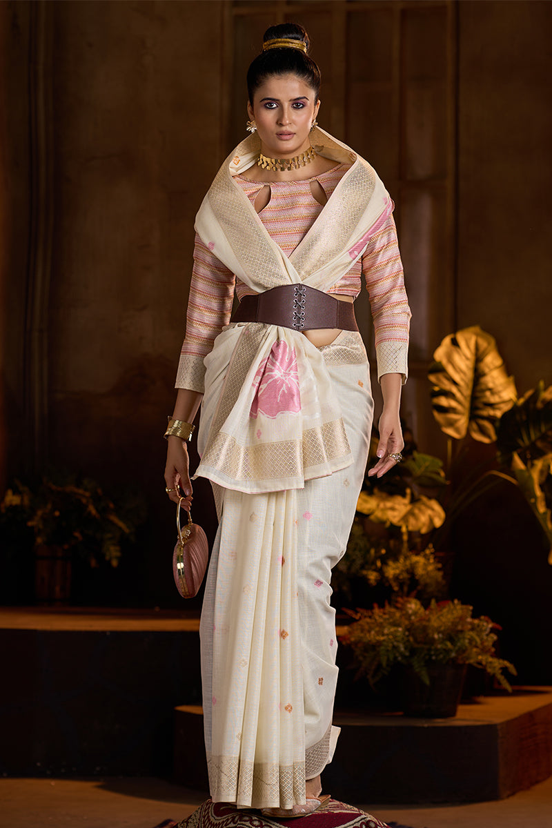 Gossamer Beige Cotton Silk Saree With Imbrication Blouse Piece