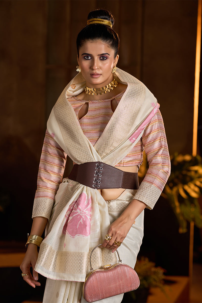 Gossamer Beige Cotton Silk Saree With Imbrication Blouse Piece
