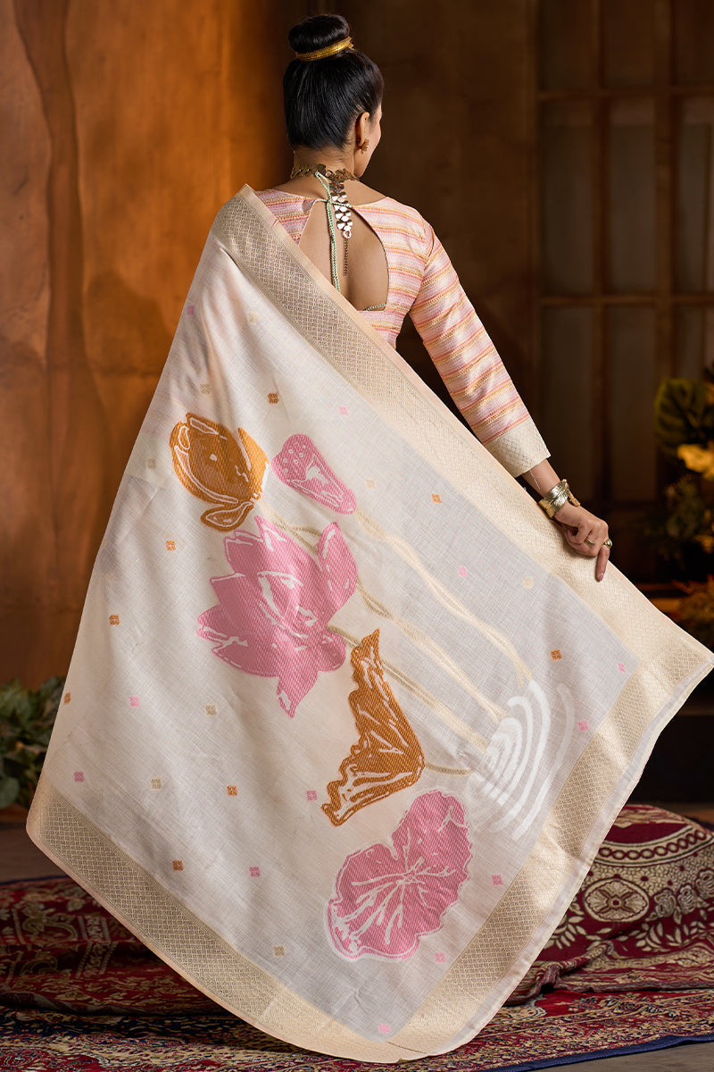 Gossamer Beige Cotton Silk Saree With Imbrication Blouse Piece
