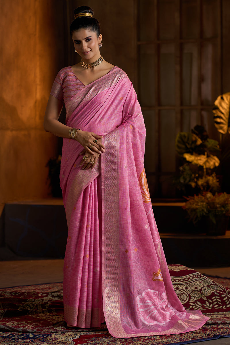 Elaborate Dark Pink Cotton Silk Saree With Demure Blouse Piece