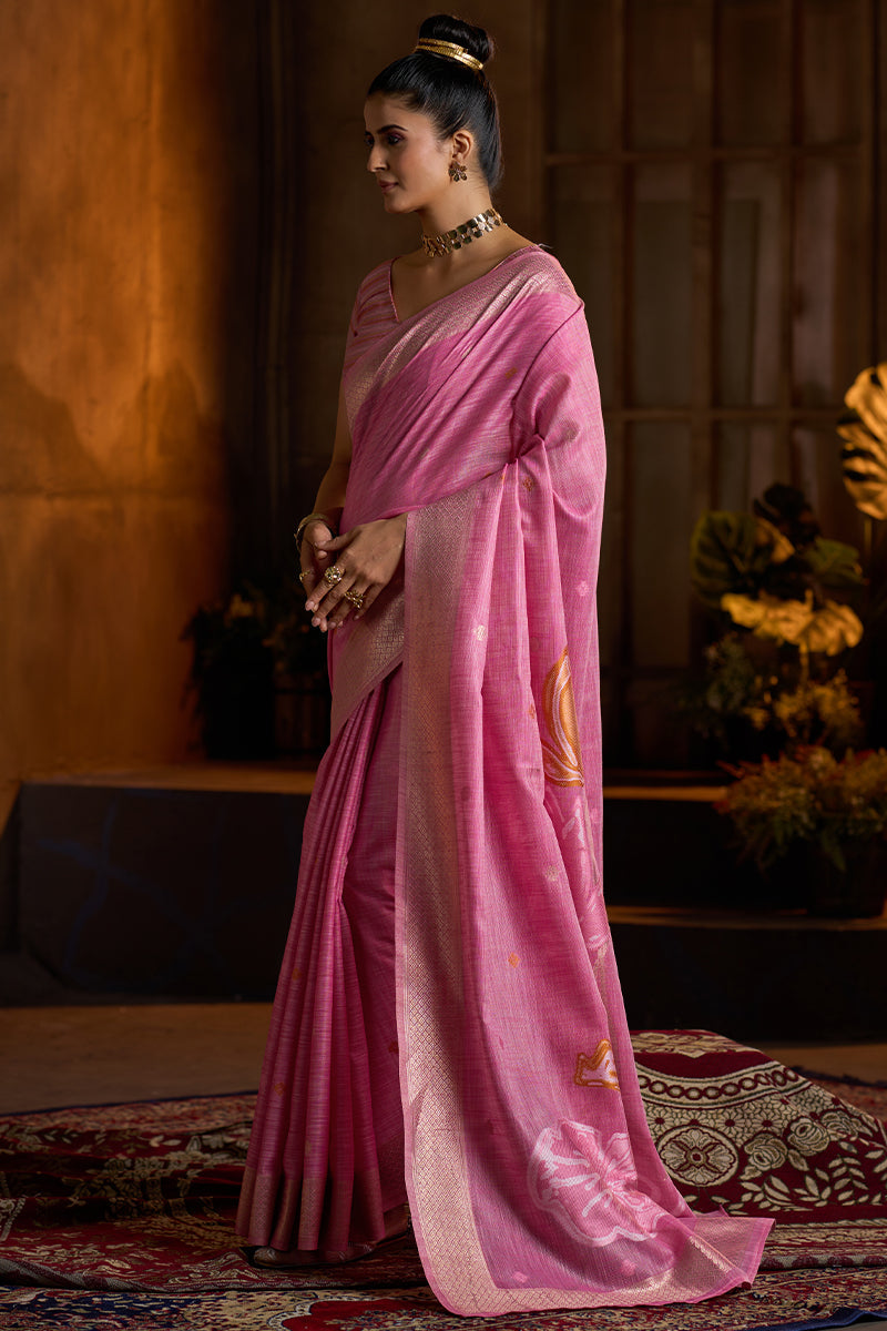 Elaborate Dark Pink Cotton Silk Saree With Demure Blouse Piece
