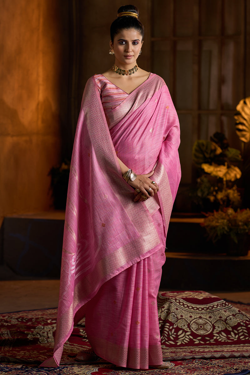 Elaborate Dark Pink Cotton Silk Saree With Demure Blouse Piece