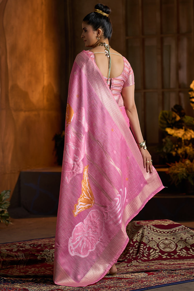 Elaborate Dark Pink Cotton Silk Saree With Demure Blouse Piece