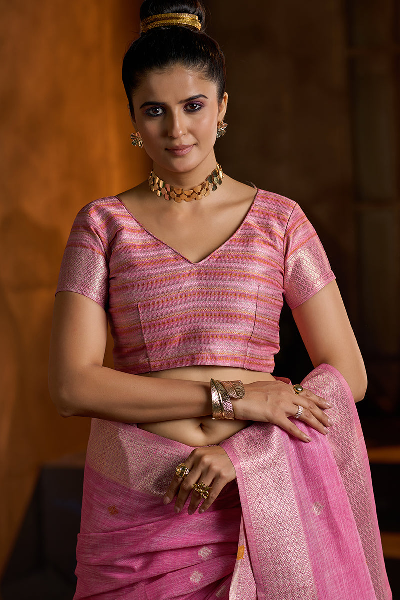 Elaborate Dark Pink Cotton Silk Saree With Demure Blouse Piece