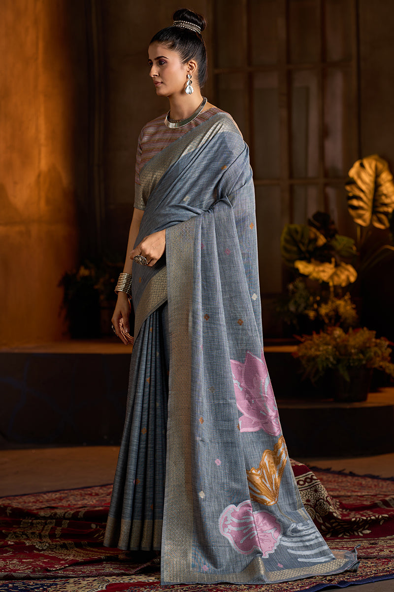 Energetic Grey Cotton Silk Saree With Scintillating Blouse Piece