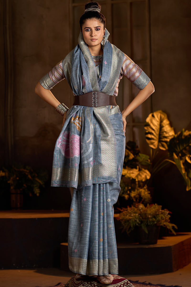 Energetic Grey Cotton Silk Saree With Scintillating Blouse Piece