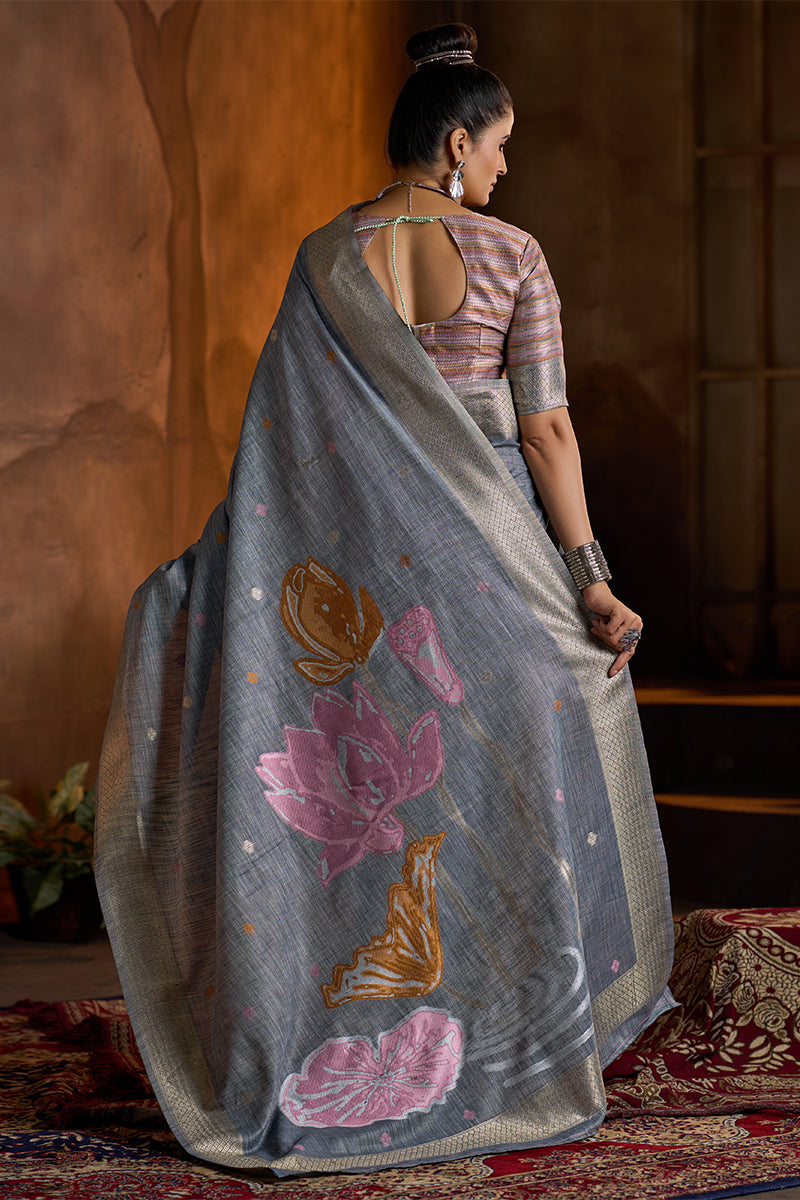 Energetic Grey Cotton Silk Saree With Scintillating Blouse Piece