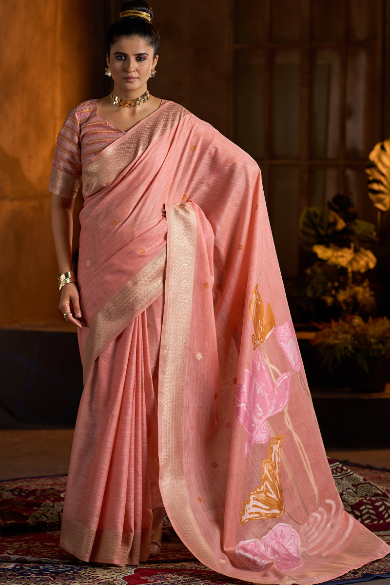 Adoring Peach Cotton Silk Saree With Artistic Blouse Piece