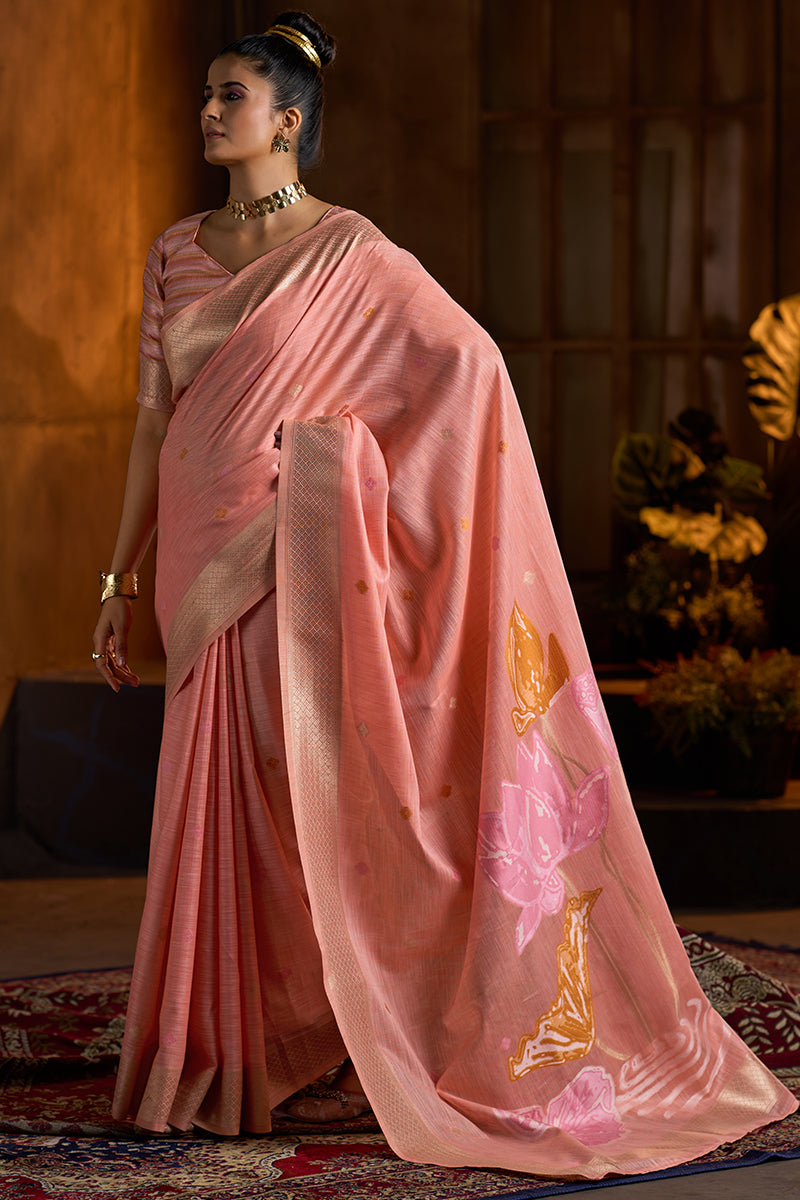 Adoring Peach Cotton Silk Saree With Artistic Blouse Piece