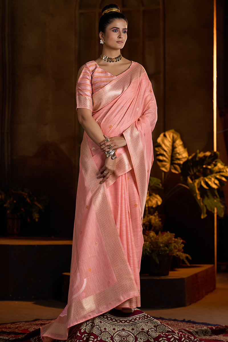 Adoring Peach Cotton Silk Saree With Artistic Blouse Piece