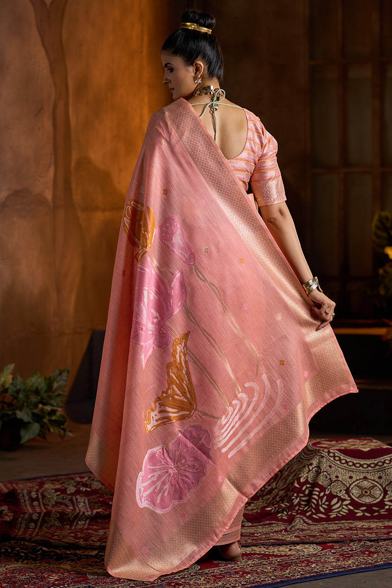 Adoring Peach Cotton Silk Saree With Artistic Blouse Piece