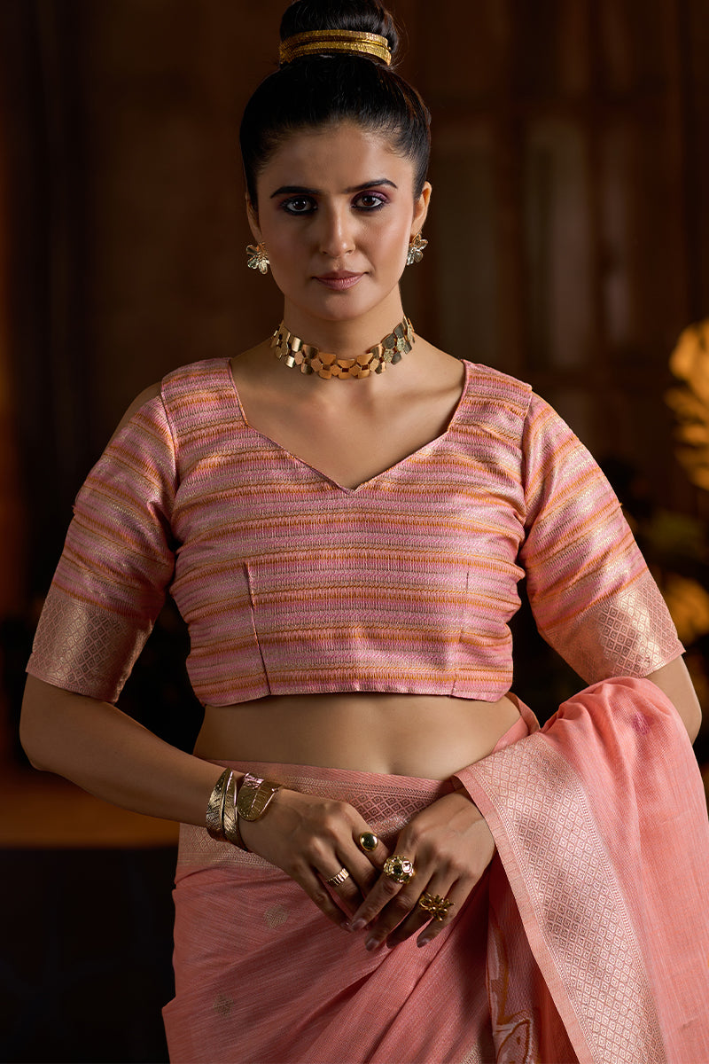 Adoring Peach Cotton Silk Saree With Artistic Blouse Piece