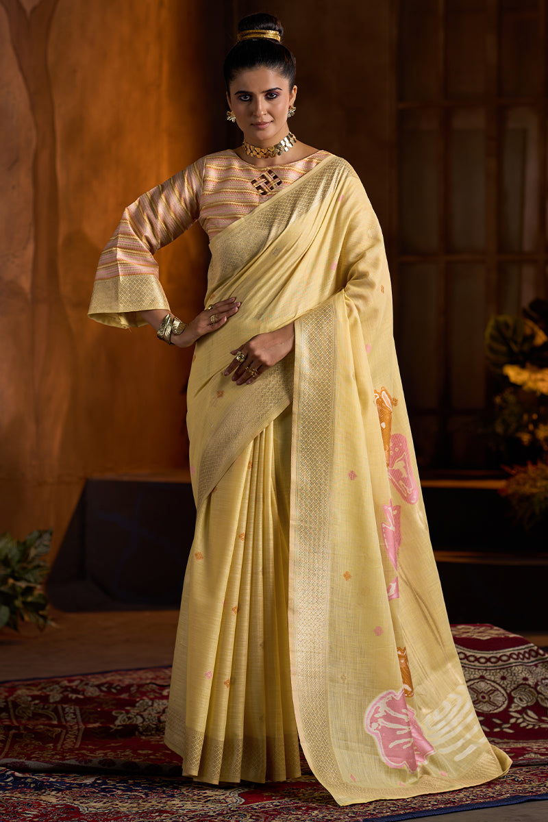 Assemblage Yellow Cotton Silk Saree With Inimitable Blouse Piece