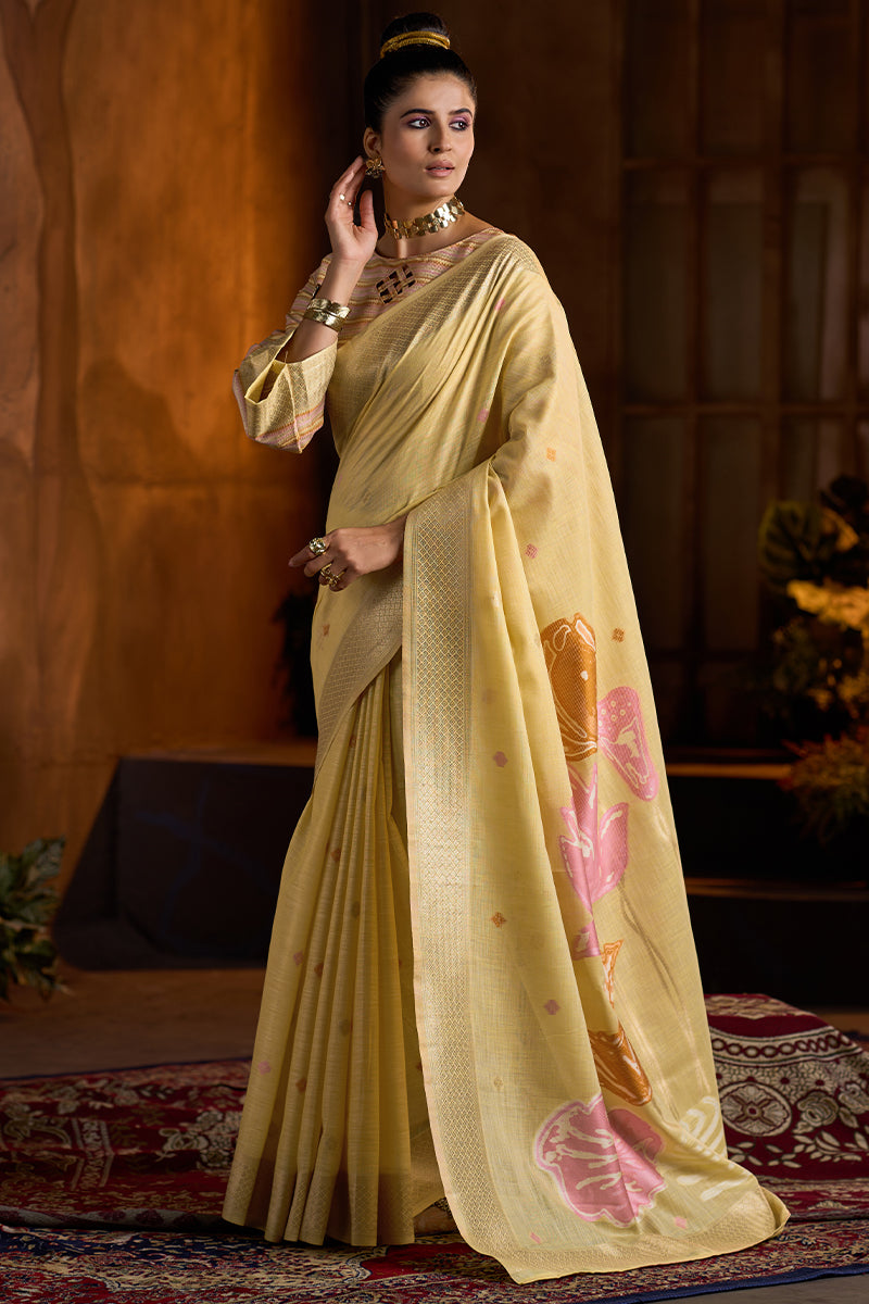 Assemblage Yellow Cotton Silk Saree With Inimitable Blouse Piece