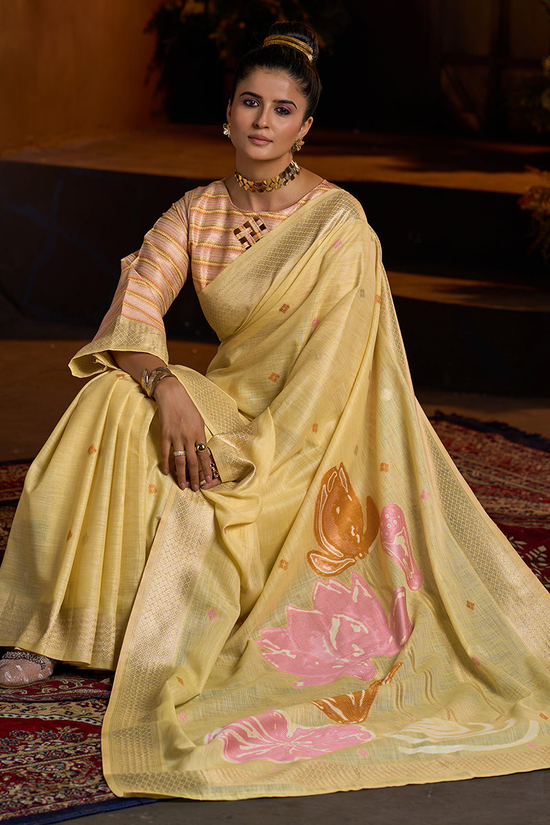 Assemblage Yellow Cotton Silk Saree With Inimitable Blouse Piece