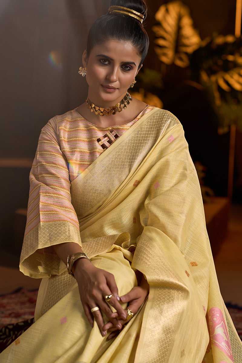 Assemblage Yellow Cotton Silk Saree With Inimitable Blouse Piece