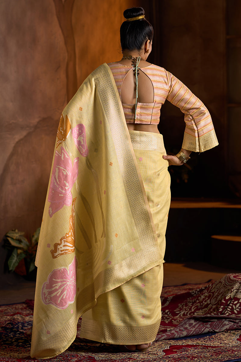 Assemblage Yellow Cotton Silk Saree With Inimitable Blouse Piece