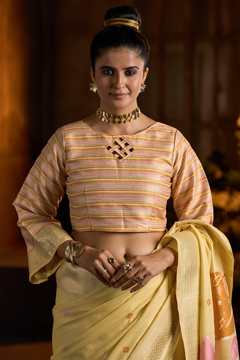 Assemblage Yellow Cotton Silk Saree With Inimitable Blouse Piece