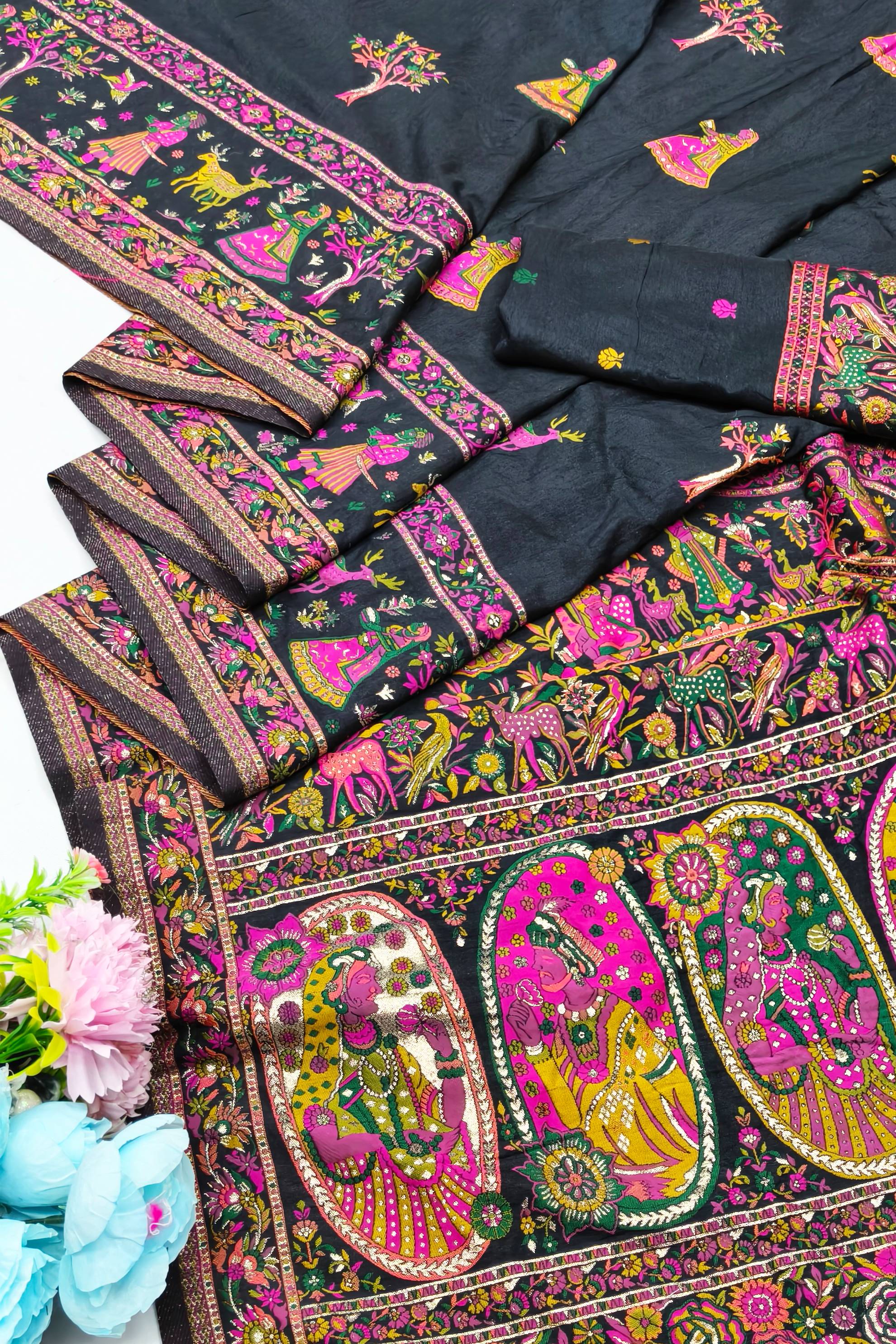 Desiring Black Nylon Dola Pashmina Saree With Ornate Blouse Piece
