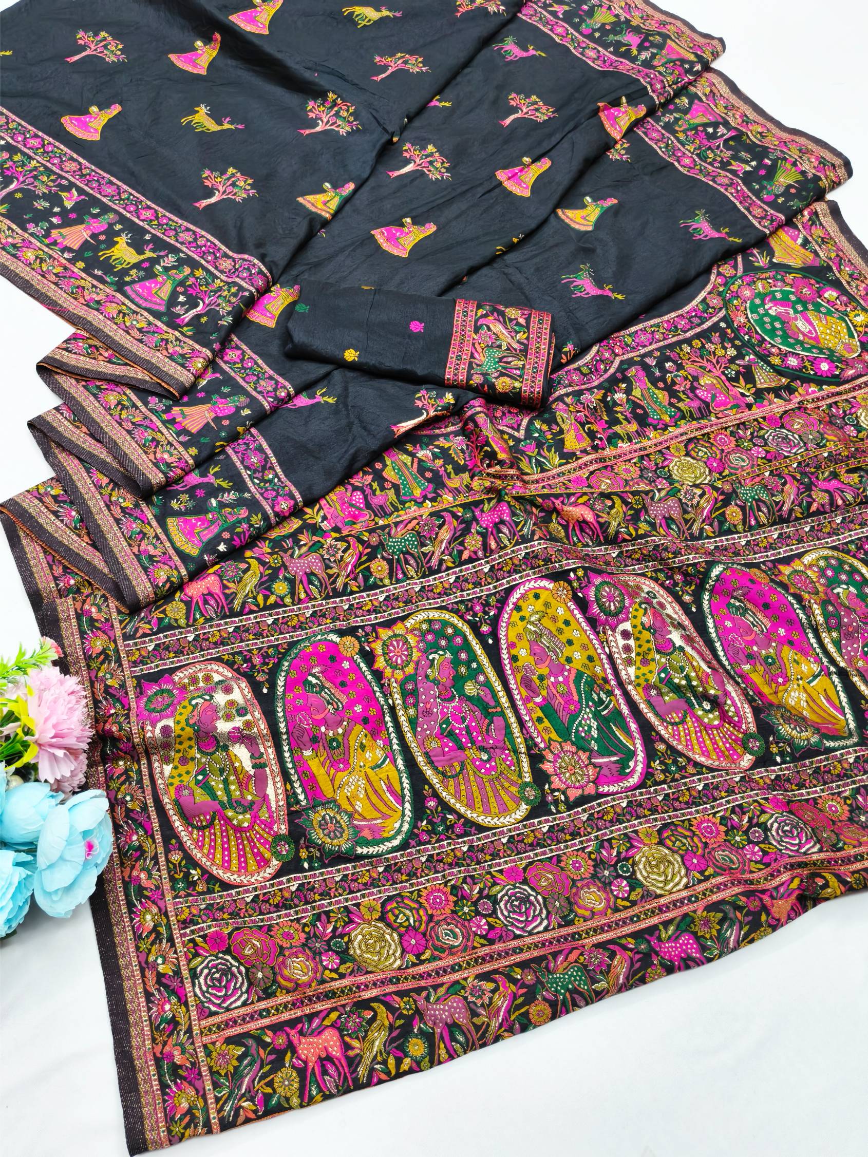 Desiring Black Nylon Dola Pashmina Saree With Ornate Blouse Piece