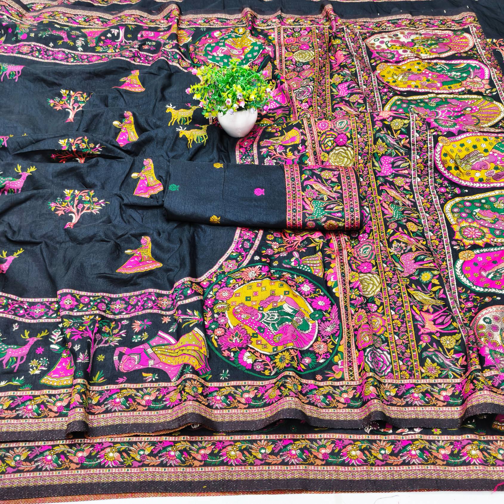 Desiring Black Nylon Dola Pashmina Saree With Ornate Blouse Piece