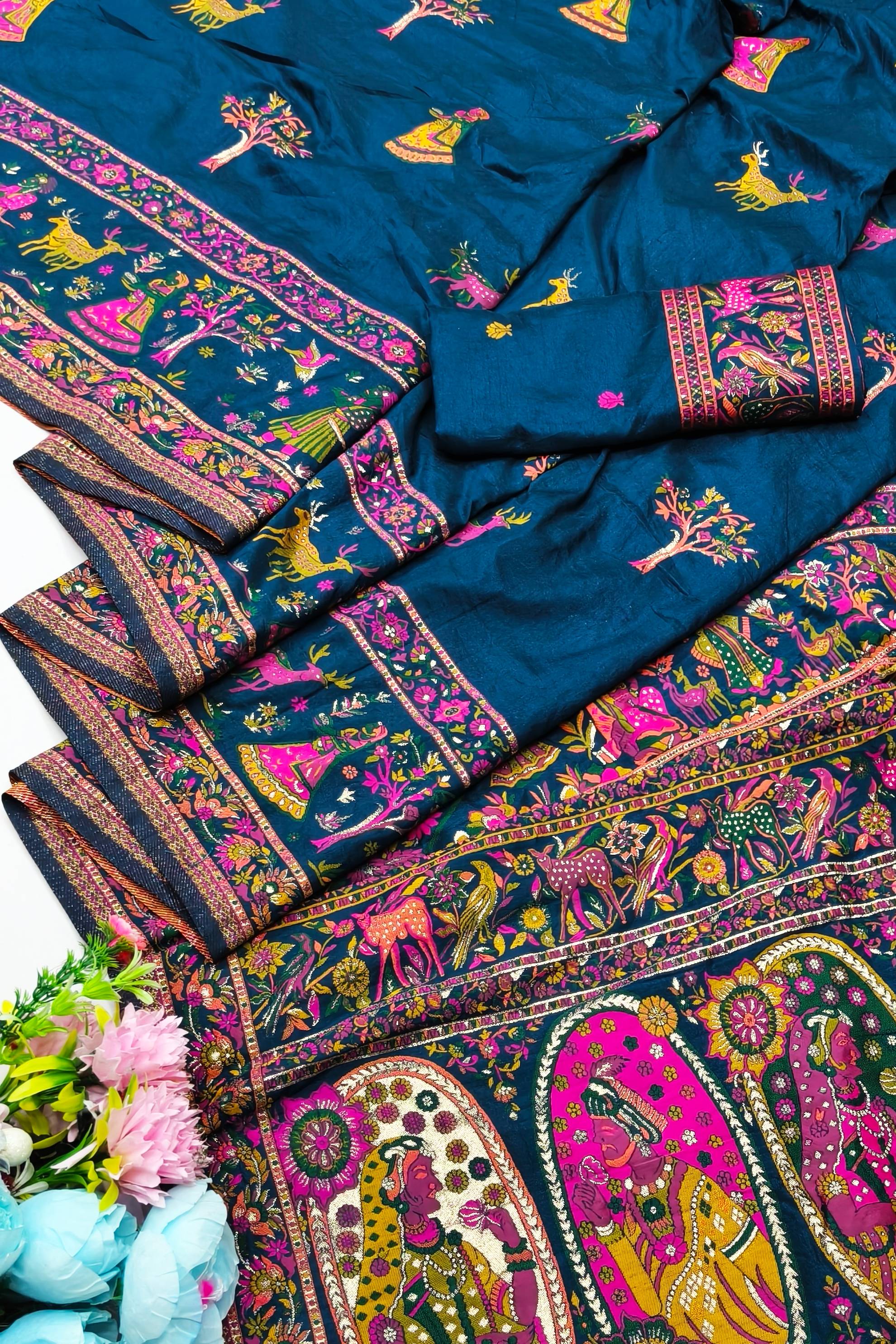 Twirling Blue Nylon Dola Pashmina Saree With Adorable Blouse Piece